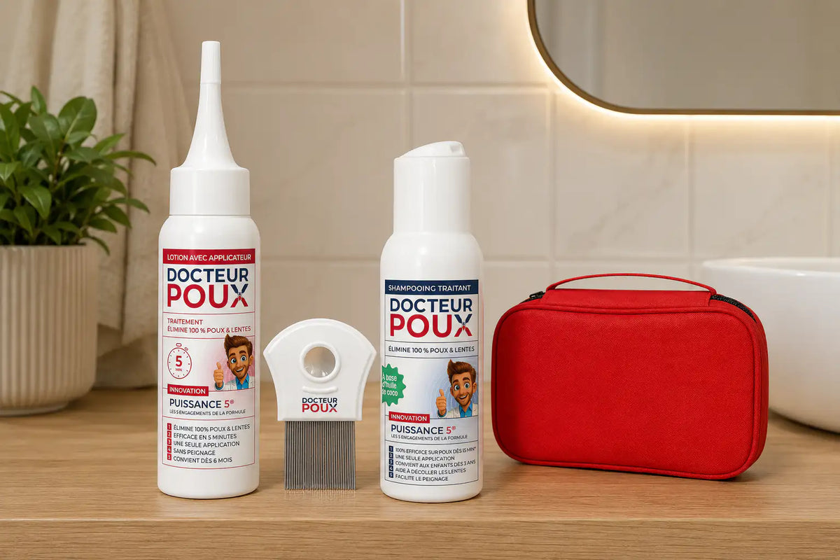 Le KIT SOS du DOCTEUR POUX avec un peigne, une lotion et un shampooing