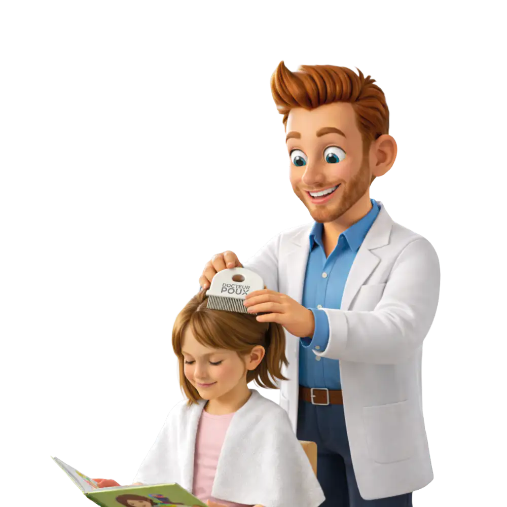 Image du DOCTEUR POUX peignant la tête d'une jeune fille lisant un livre