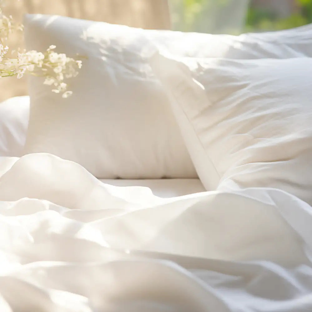 Photo de deux oreillers blancs dans un lit blancs avec la lumière du soleil