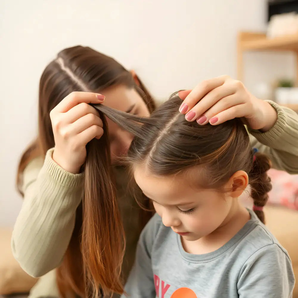 Femme regardant dans les cheveux de sa fille à la recherche de poux