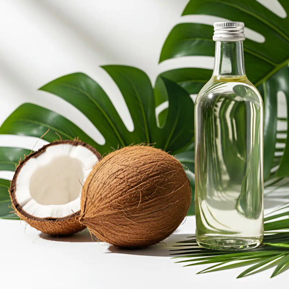 Photo d'une bouteille en verre d'huile de coco avec deux noix de coco et feuille à côté