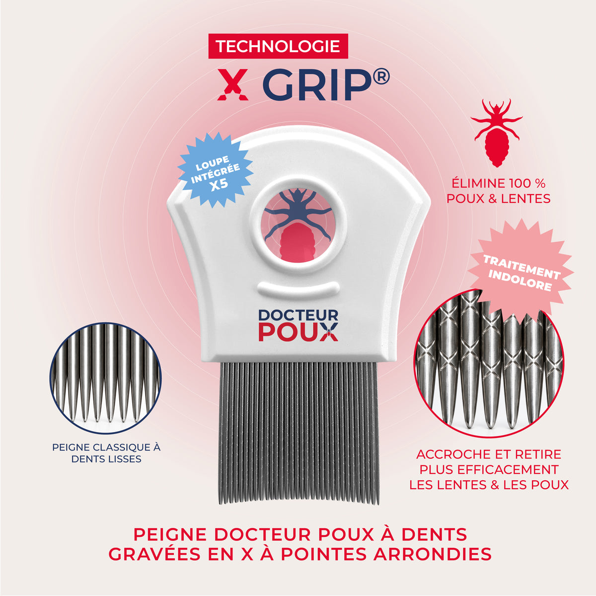 Peigne anti-poux et lentes 32 dents en inox gravées X-GRIP avec loupe