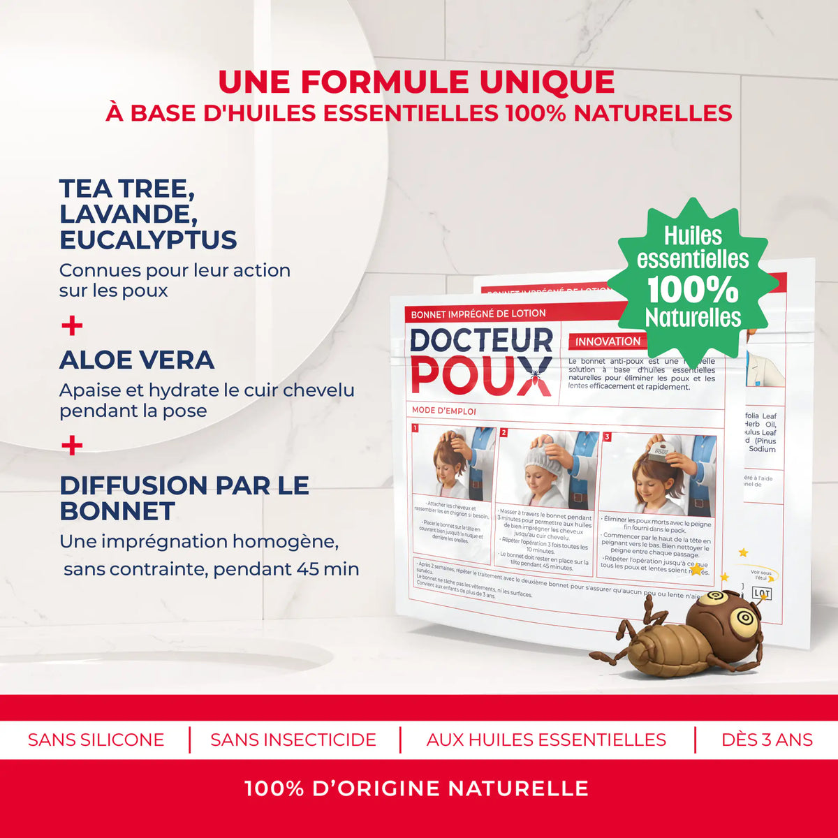 Bonnet anti-poux imprégné de lotion aux huiles essentielles Docteur Poux