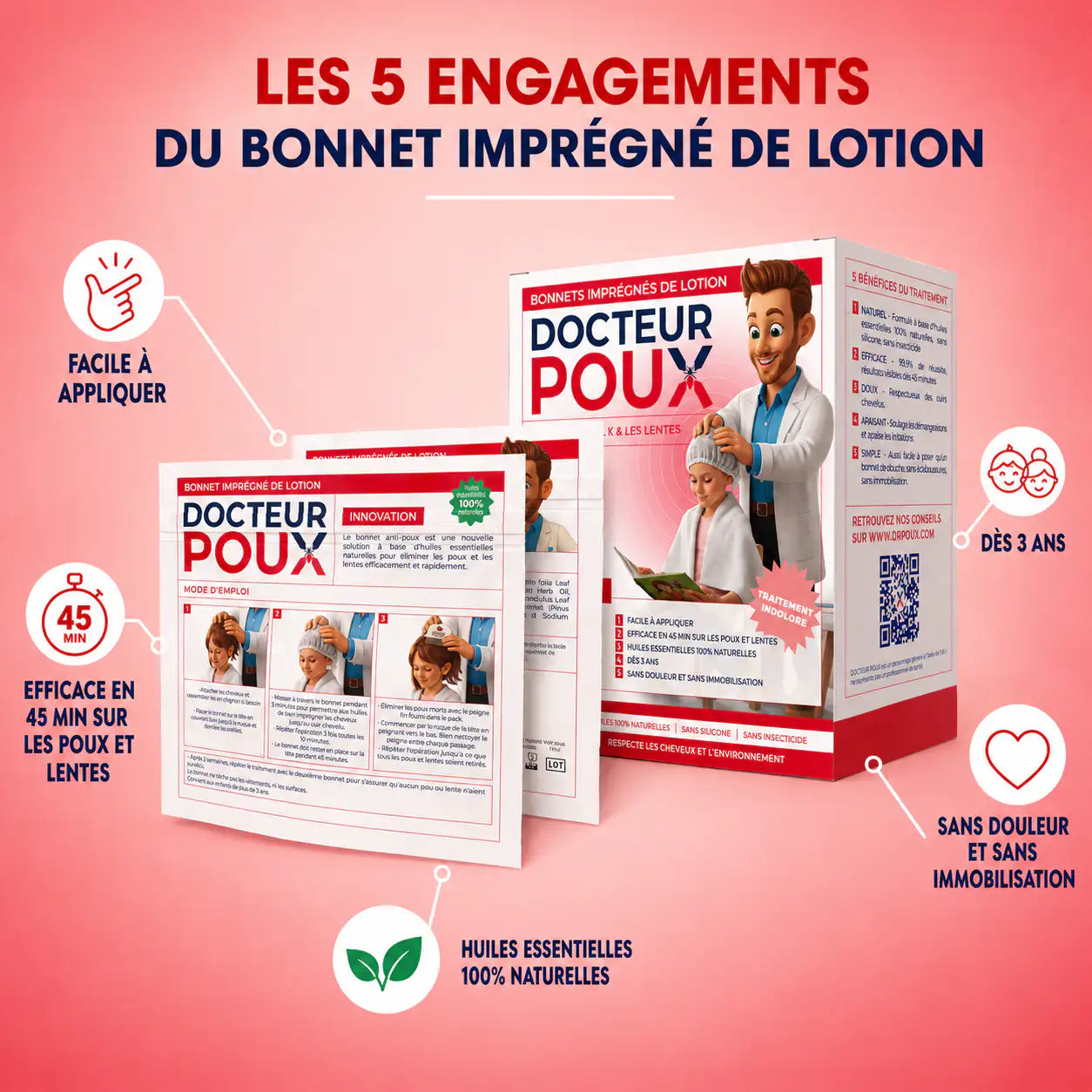 2 Bonnets Anti-Poux Imprégné de Lotion aux Huiles Essentielles