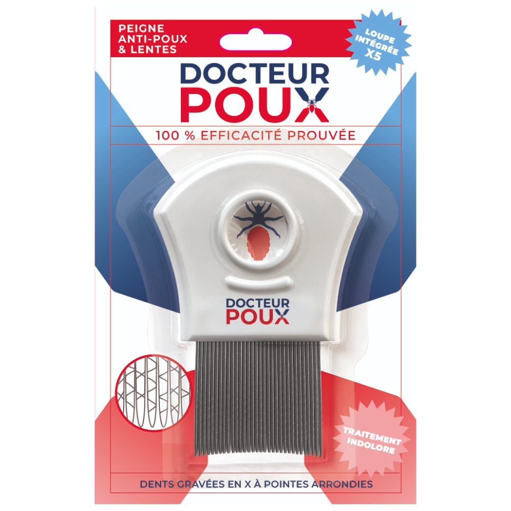 Peigne anti-poux et lentes 32 dents en inox gravées X-GRIP avec loupe