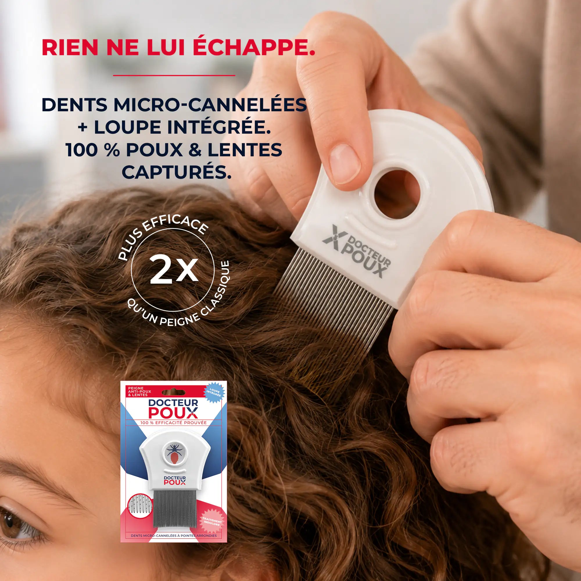 Peigne anti-poux à dents micro-cannelées avec loupe intégrée Docteur Poux