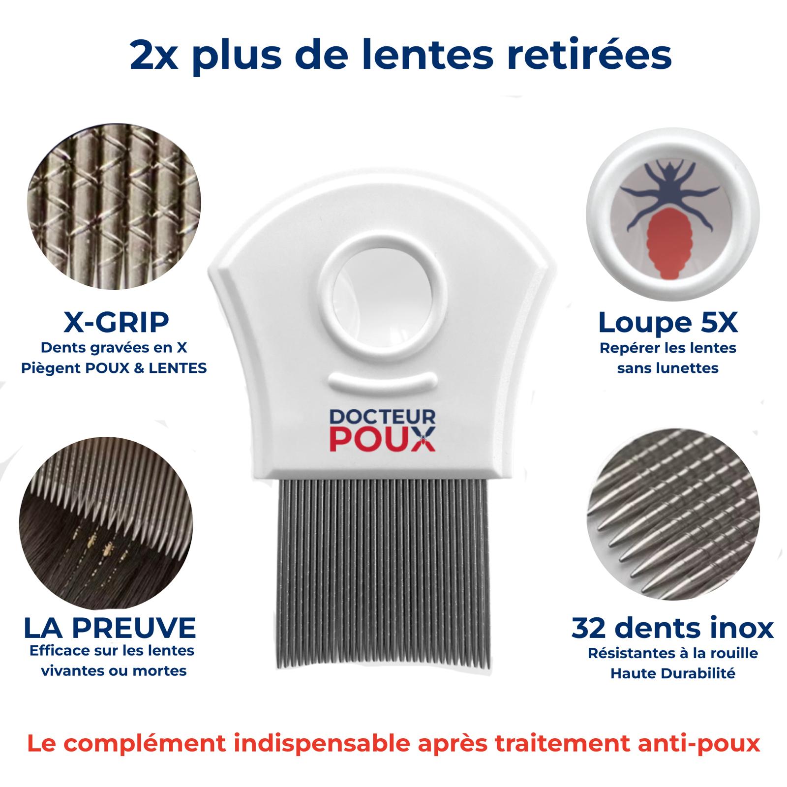 Peigne anti-poux et lentes 32 dents en inox gravées X-GRIP avec loupe