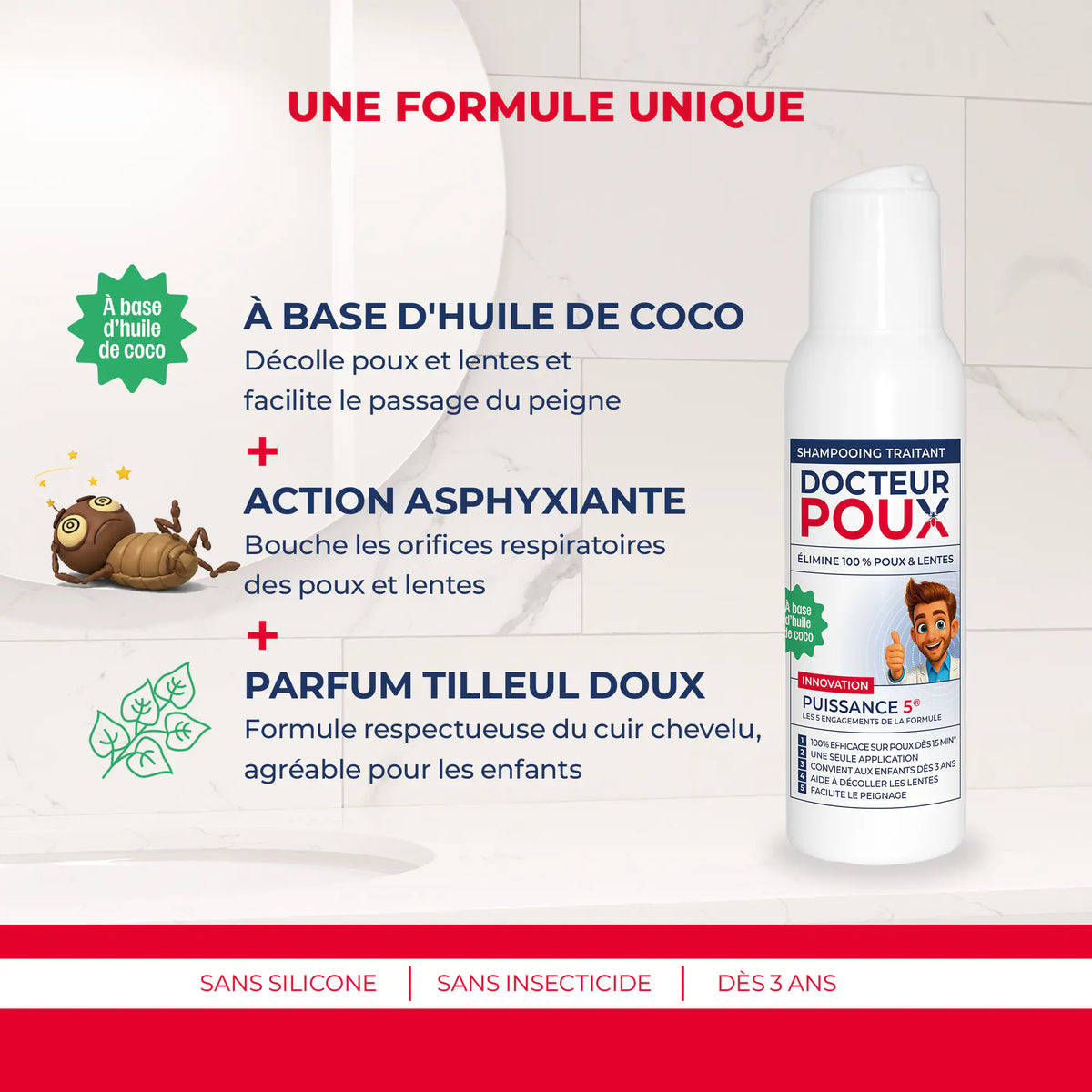 Flacon de shampoing anti-poux format voyage 100 ml Puissance 5 Docteur Poux